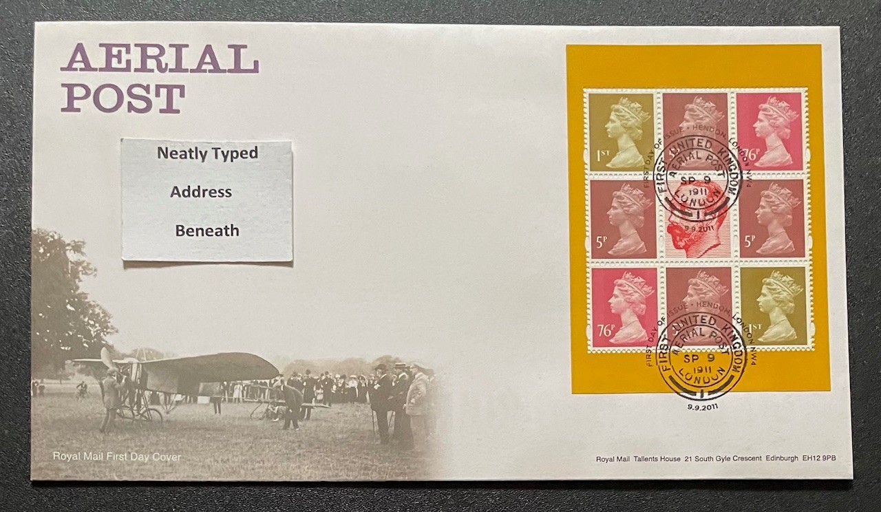 2011 Aerial Post DY2 Prestige Booklet Pane RM FDC. With Hendon Special H/S.