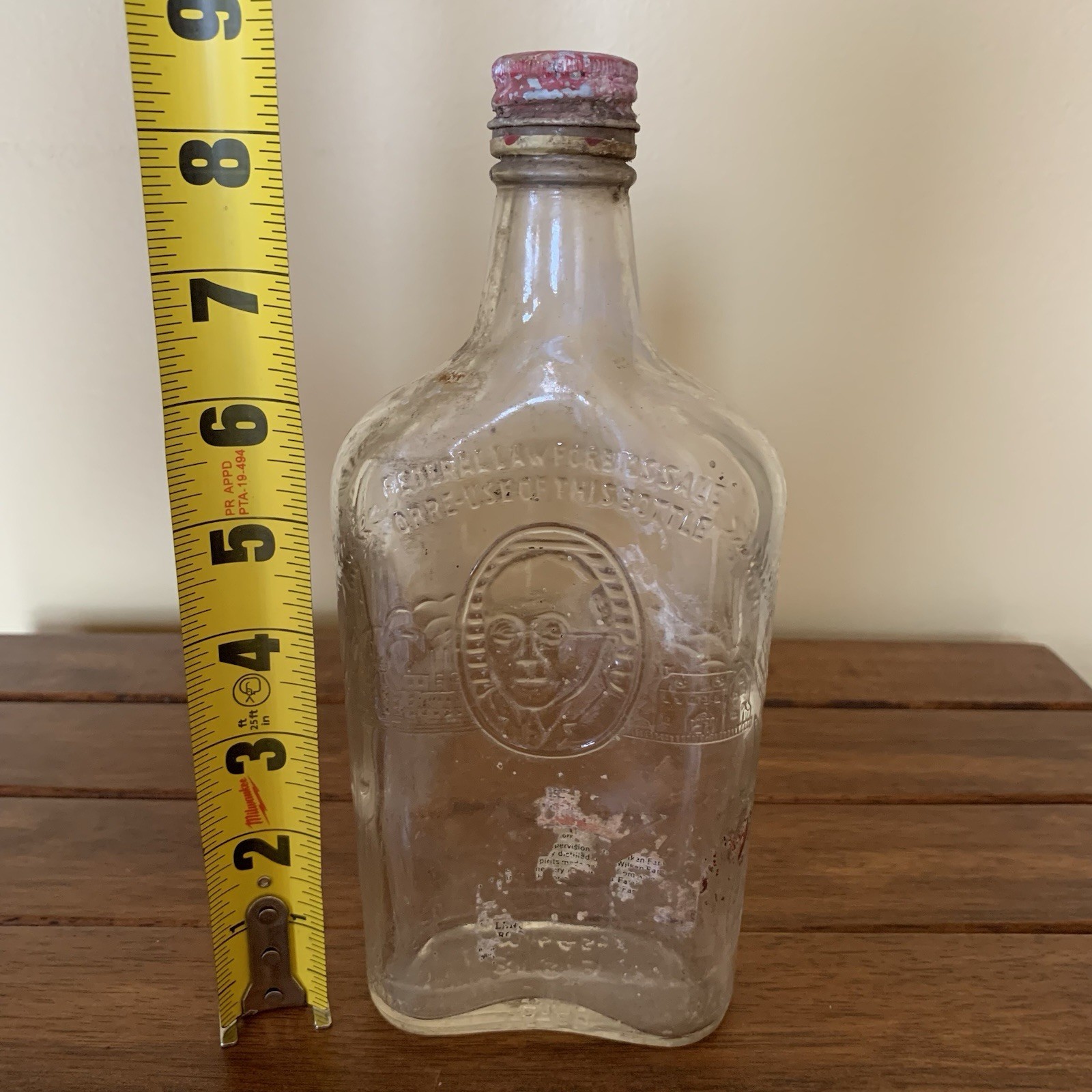 Vintage Clear Glass Bottle Embossed Federal Law Forbids Sale or Reuse 8.5" Tall