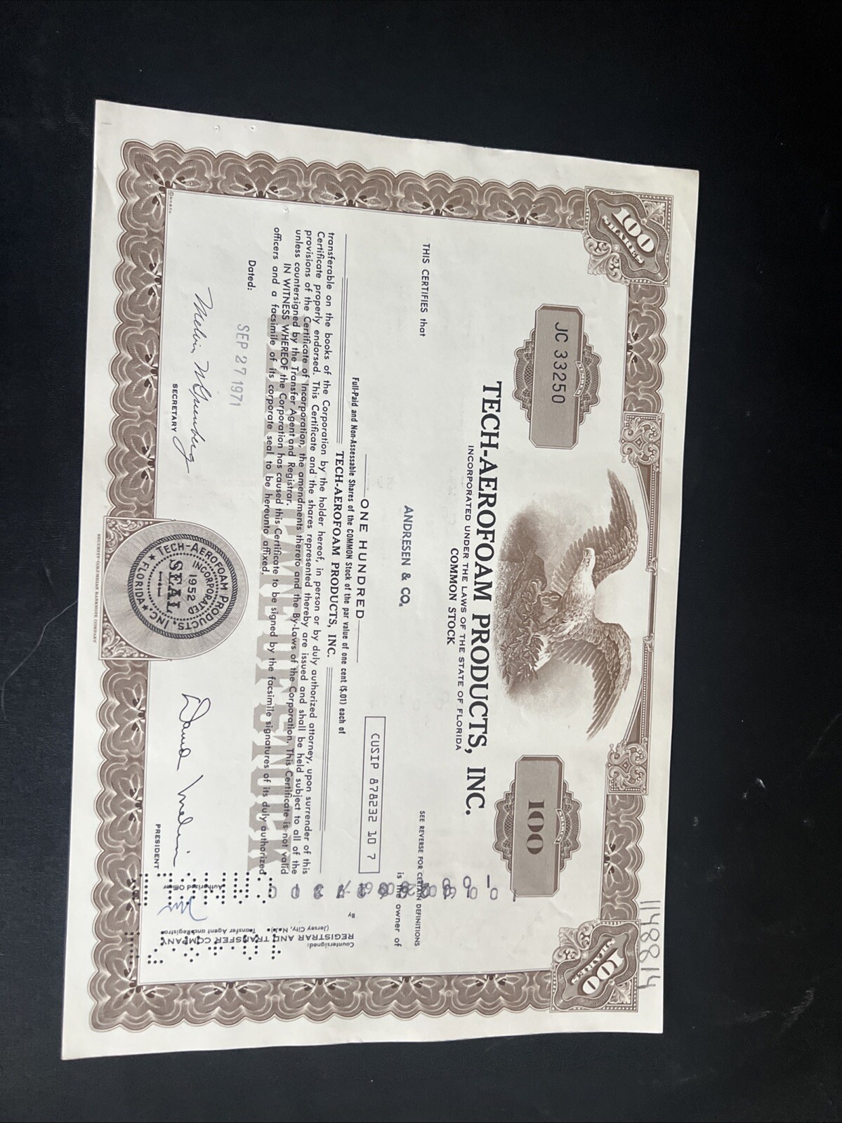 Vintage 1971 Tech-Aerofoam Products Stock Certificate. 100 Shares