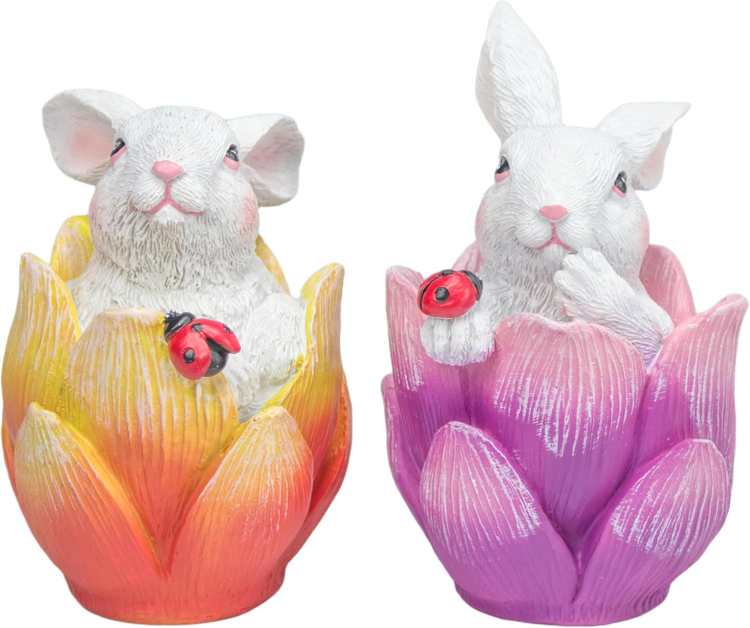 Easter Bunny Tulip Decorations, Set of 2 Mini Resin Rabbit Figurines in Flower C