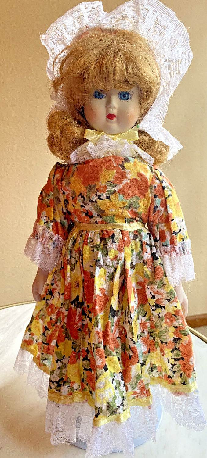 Doll Golden Blonde Curls Blue Eyes Yellow Floral Lace Trim Dress Bonnet 13in