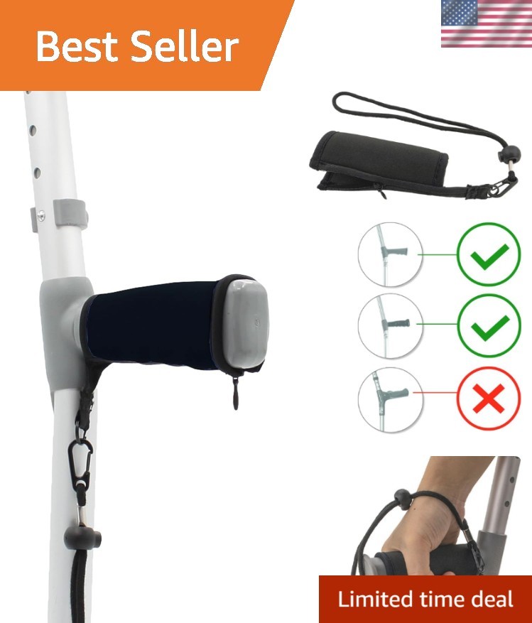 Pair of Black Padded Neoprene Crutch Handle Covers for Comfort with Wrist Str...