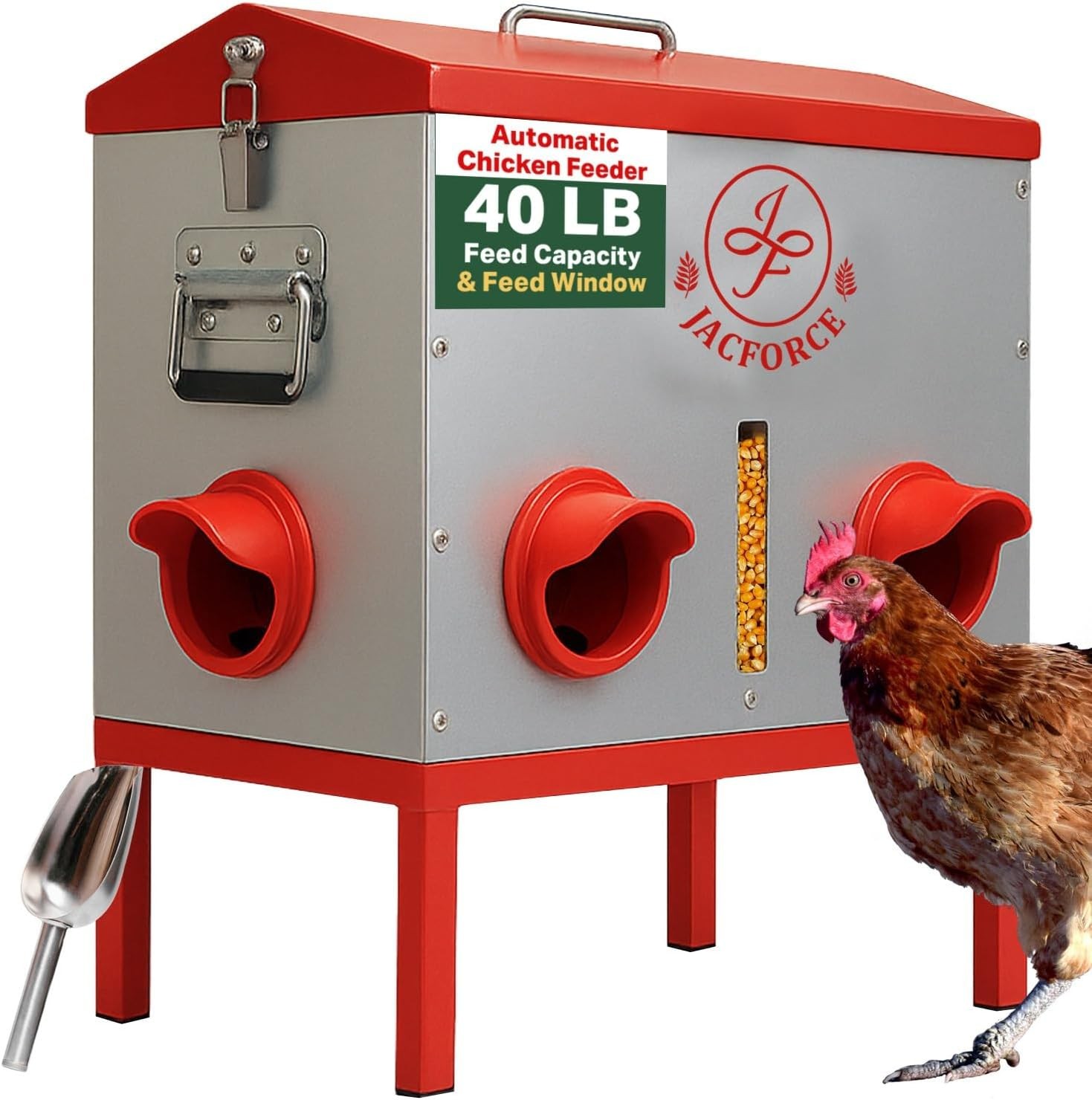 Automatic Chicken Feeder – 40lb No Waste Metal Poultry Feeder W/ 6 Ports Locking