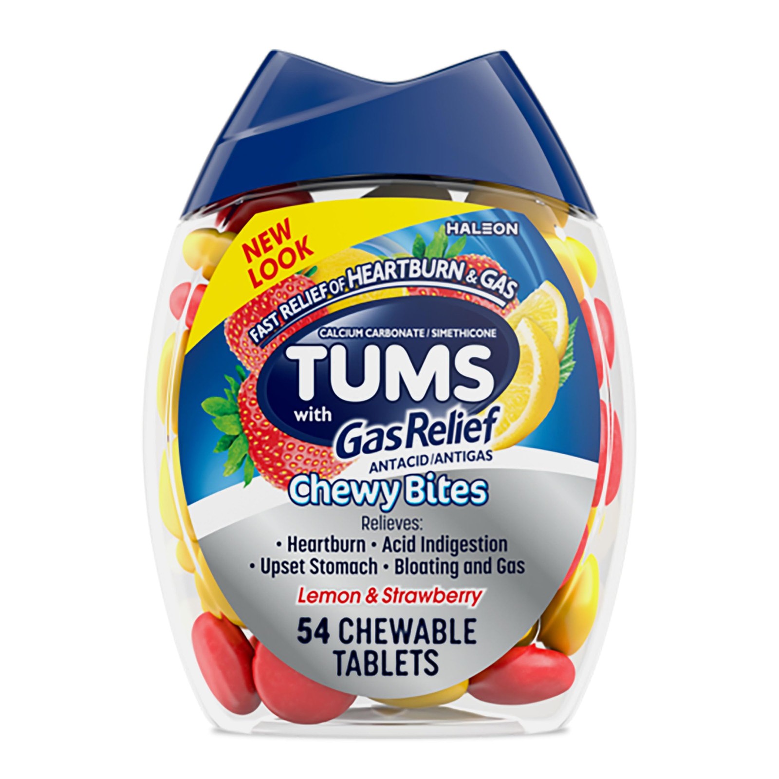 TUMS Chewy Bites Antacid & Gas Relief Tablets, Lemon & Strawberry - 54 Count