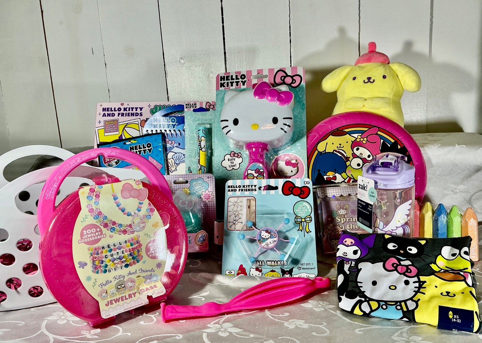 HELLO KITTY EASTER/GIFT BASKET: T-SHIRT, PLUSH,  WATER BOTTLE, JEWERY KIT-MORE