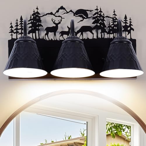 Rustic 3-Light Black Vanity Light Fixtures with Design, E12 Base Small Deer