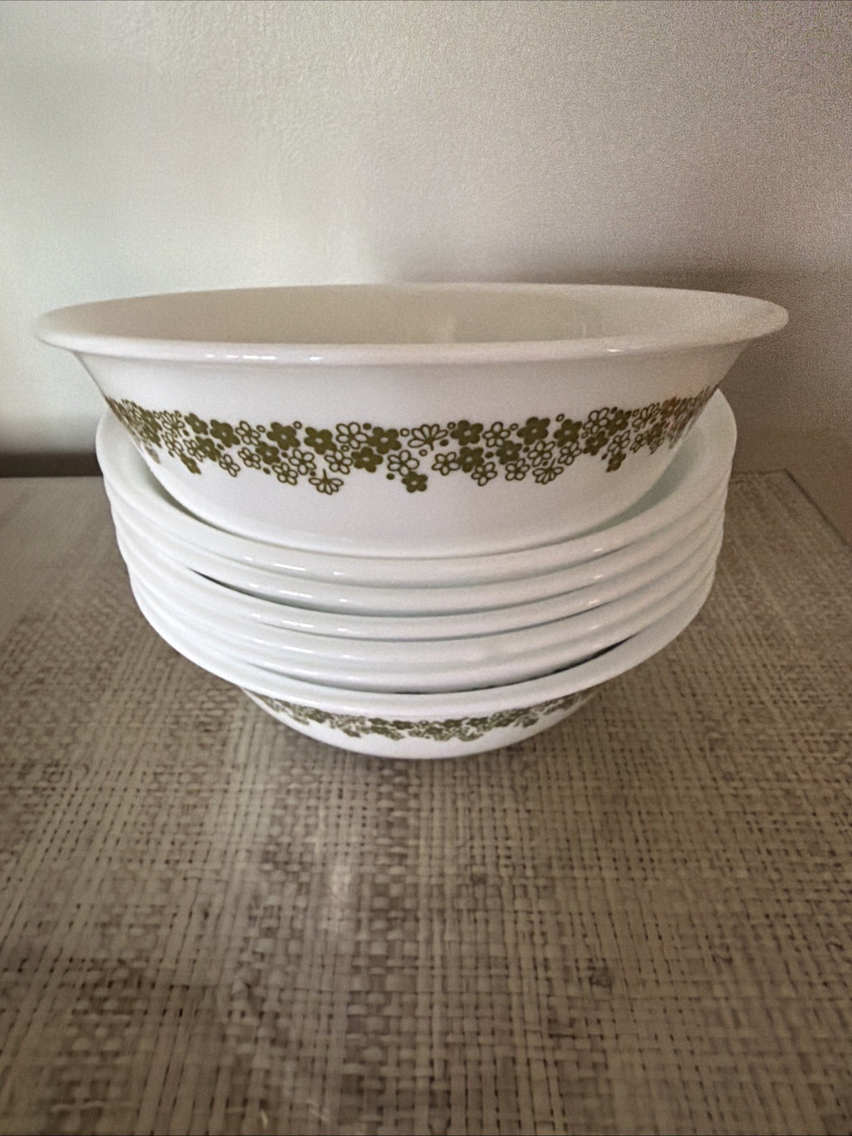 Corelle Crazy Daisy 6" Cereal Bowls Spring Blossom Green ~ Set of 7 ~ MCM 70s
