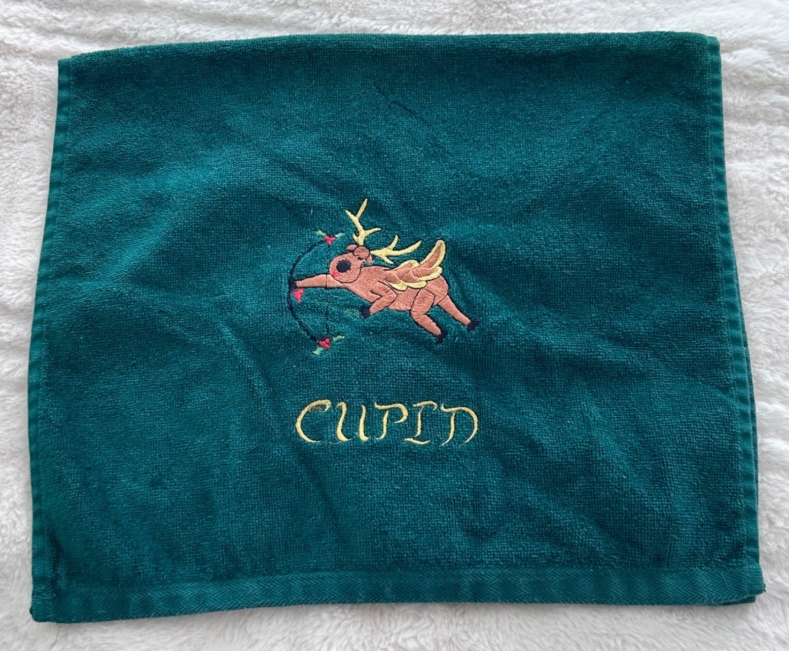 Vintage 1978 Hand Towel Cupid Reindeer Embroidery Grand Prix Avanti Cotton