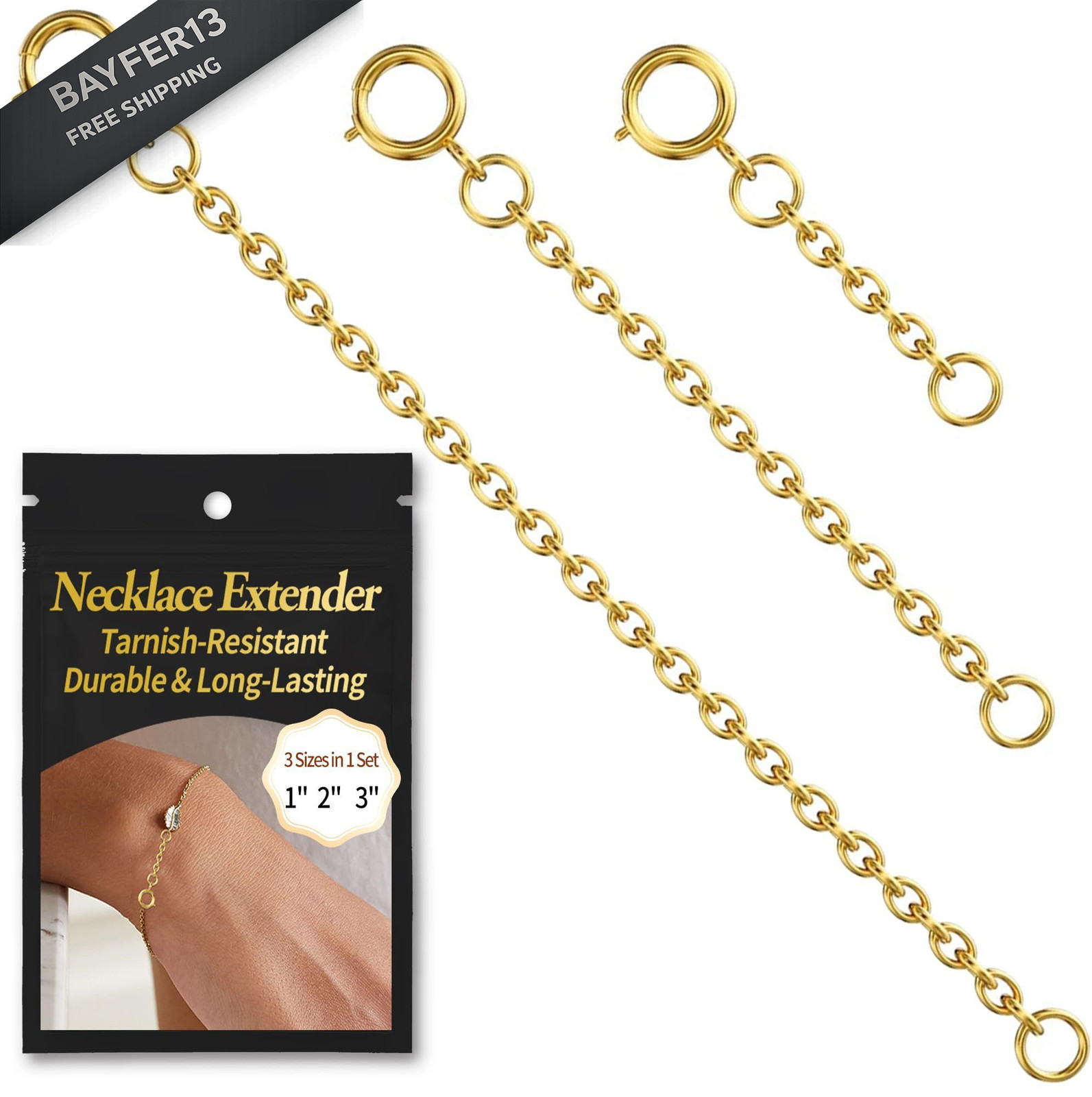 Bonison Necklace Extender Gold - 18k Plated 3 pcs (1 2 3 Inch) 