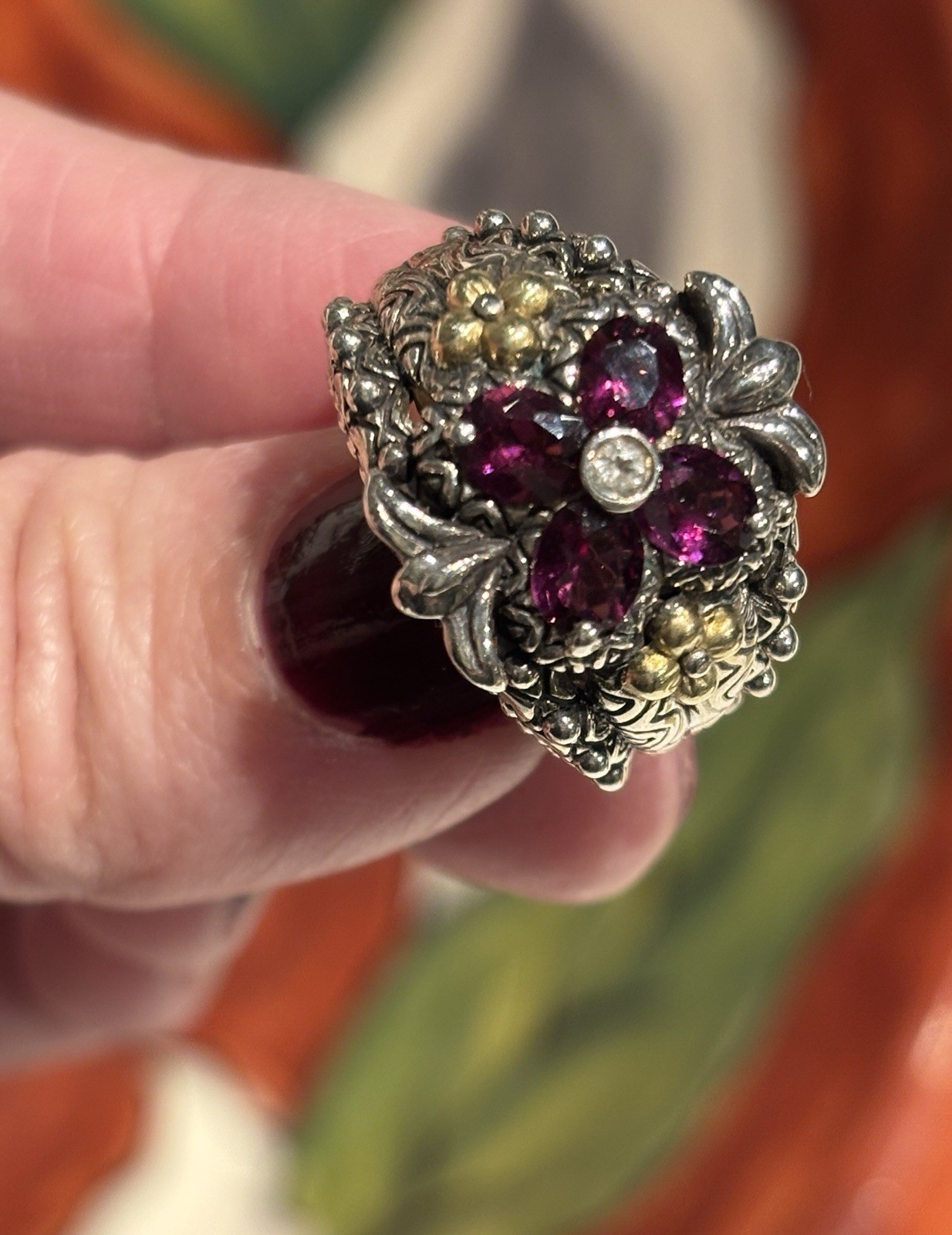 Barbara Bixby Sterling Silver & 18K Rhodolite Garnet Flower Ring
