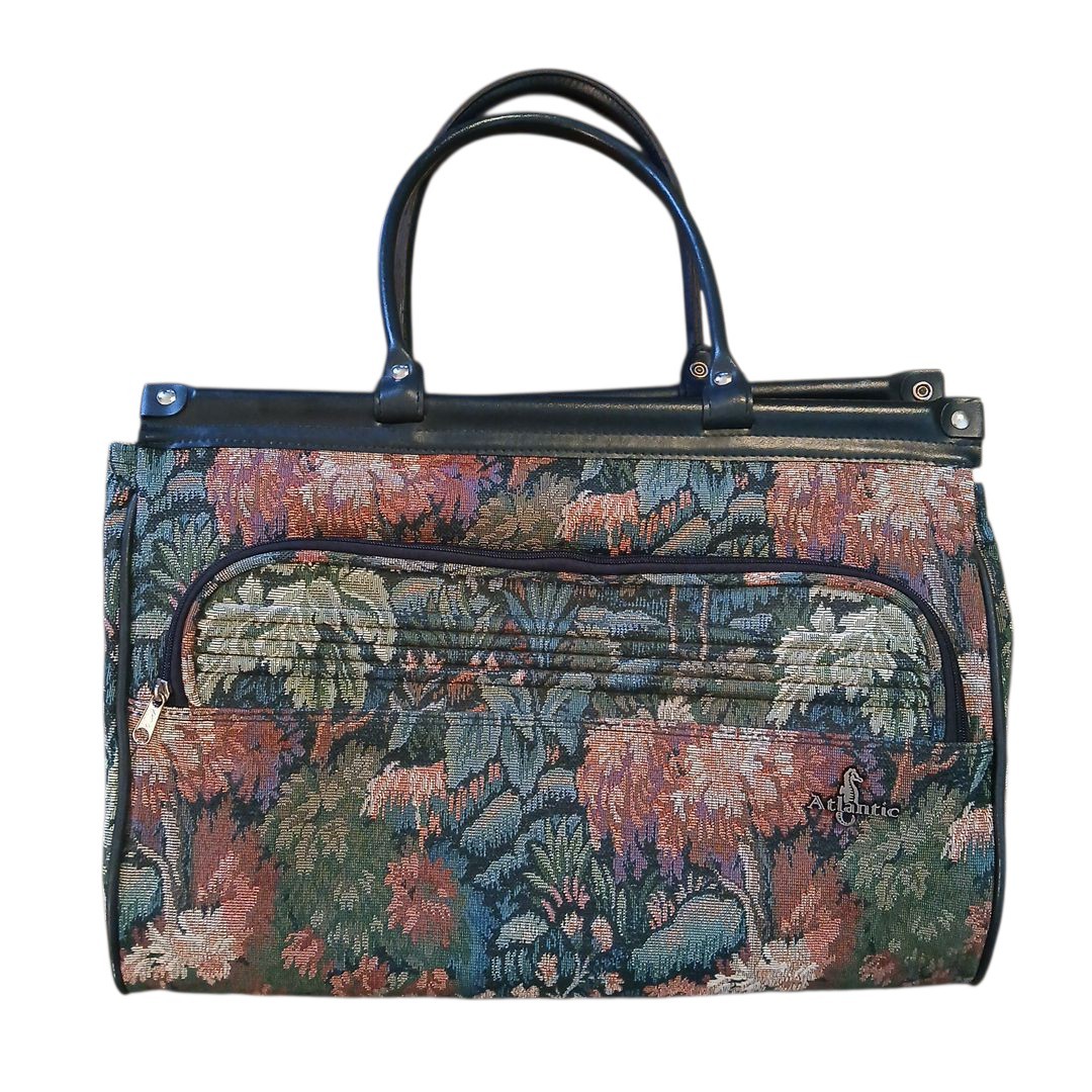 Vtg Atlantic Tapestry Floral Carry On Luggage Bag 2 Handles Zip Closure 18"x13"