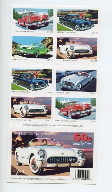 USPS America On The Move -50's Sporty Cars. Mint Pane of 20, 37 cent Stamps. MNH