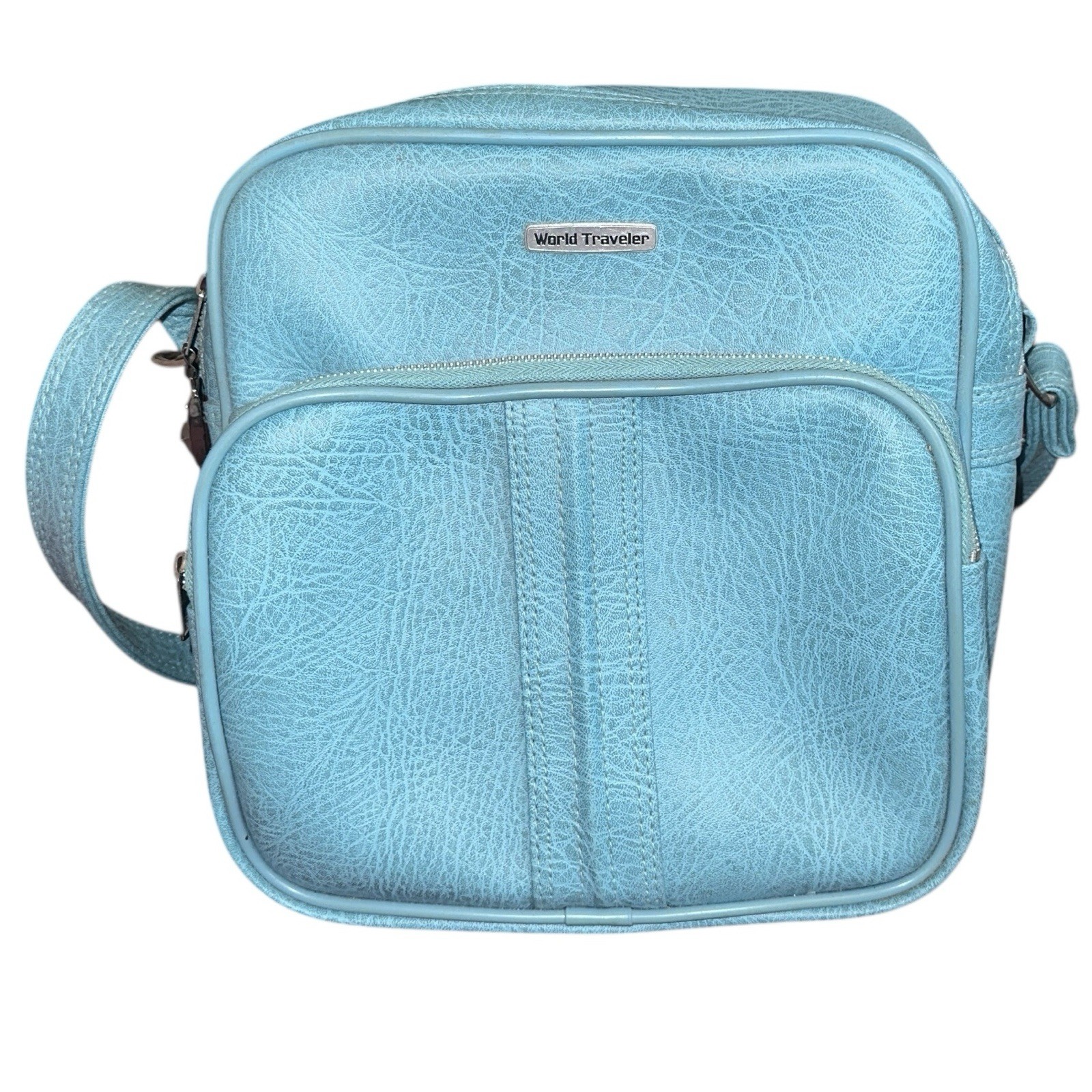 World Traveler Vintage Blue Faux Leather Carry On Luggage Retro Design WITH KEYS