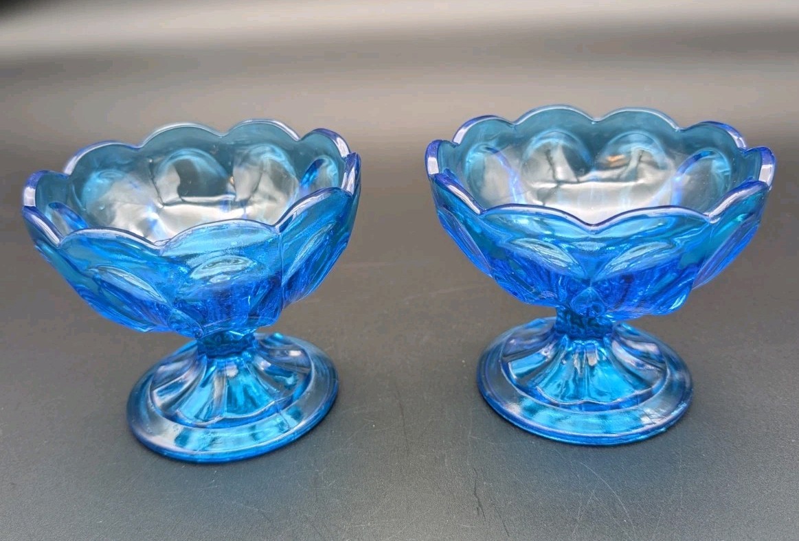 Anchor Hocking Fairfield Capri Blue Sherbet Dessert Glasses Set of 2 UV Reactive