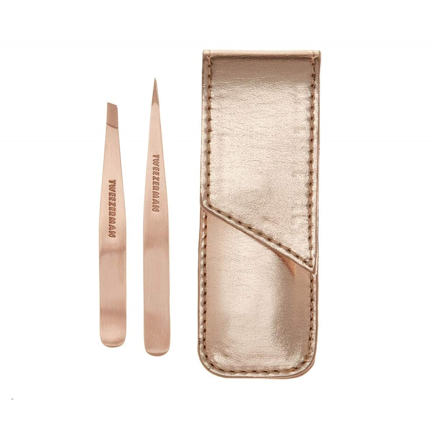 Rose Gold Petite Point and Slant Tweezer Set with Travel Case - Eyebrows for Wom