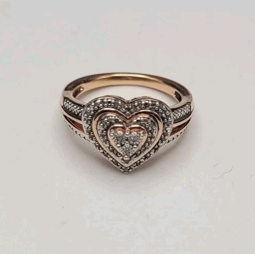 Sterling Silver 925 Rose Gold Plated Heart Design Size 7 Diamond Ring 4.4g