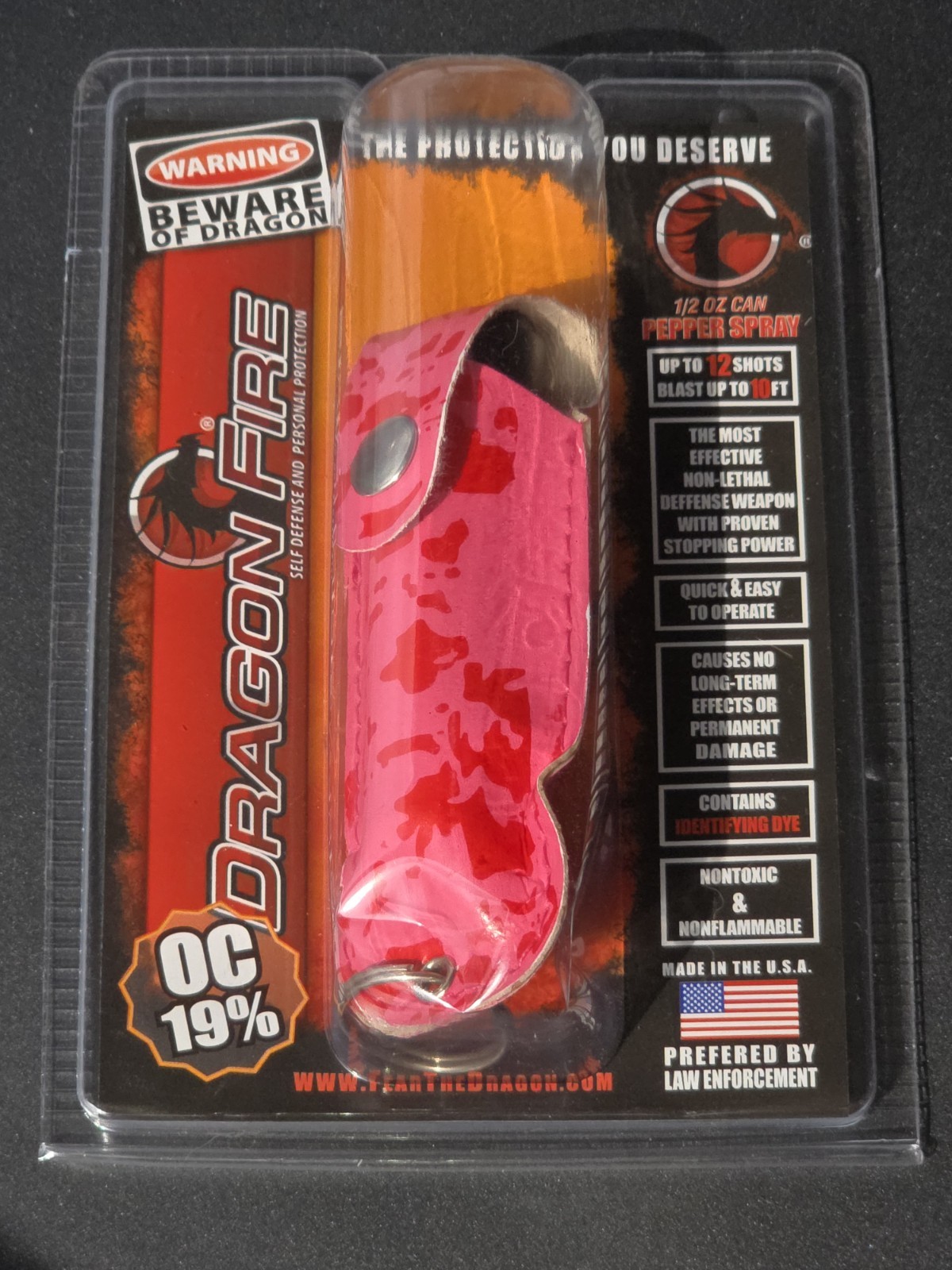 New In Package Dragon Fire Pepper Spray Keychain Pink Holster
