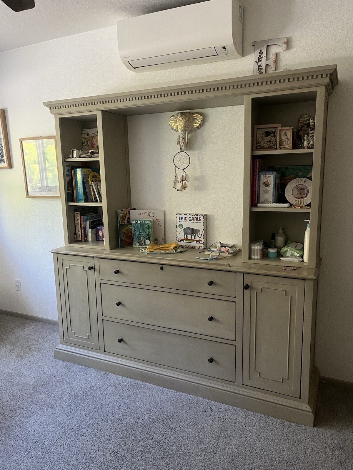 Beige Wood Kids Bedroom Furniture Set with Crib, Dresser, and Bookshelf