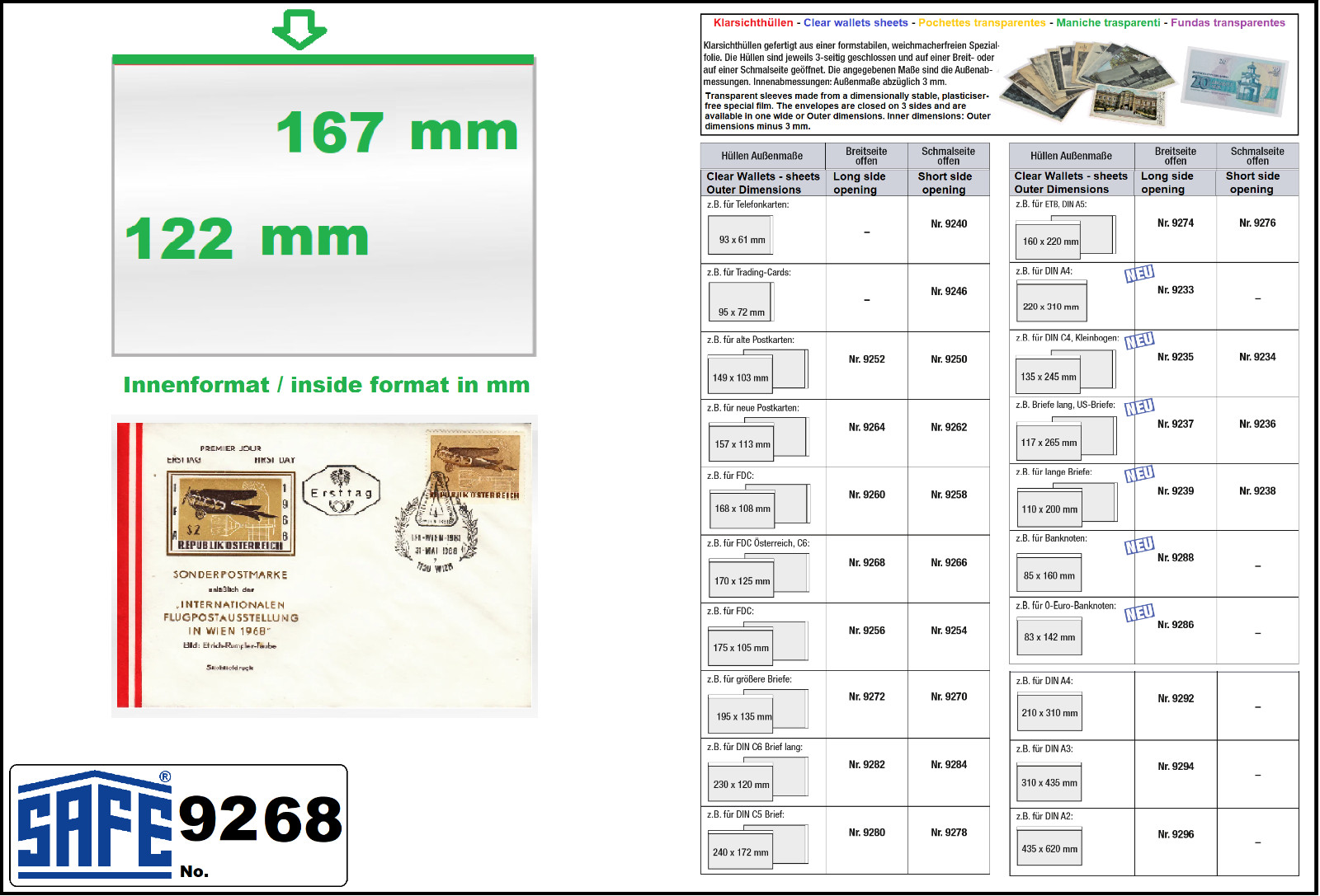 100 Safe 9268 Protective Sleeves Clear Sleeves 167X122Mm For C6 Letters Fdc