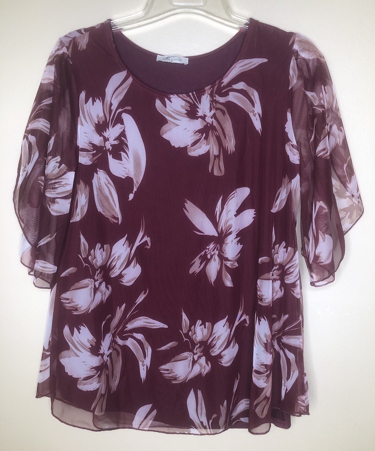 Burgundy White Floral Blouse Top Large Sheer Tulip Sleeves Lined Bodice Pullover