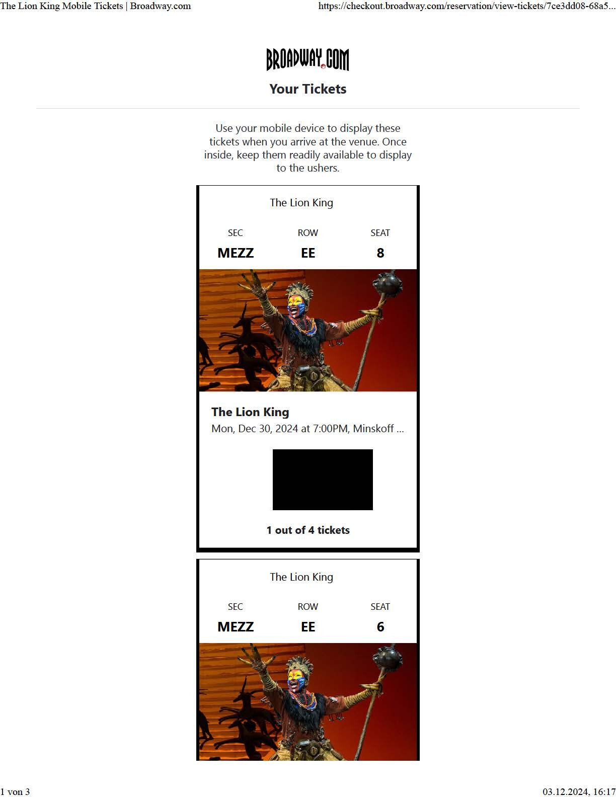 LION KING ON BROADWAY TICKETS - 7:00PM, December 30th, 4 tickets, Row EE Mezz.