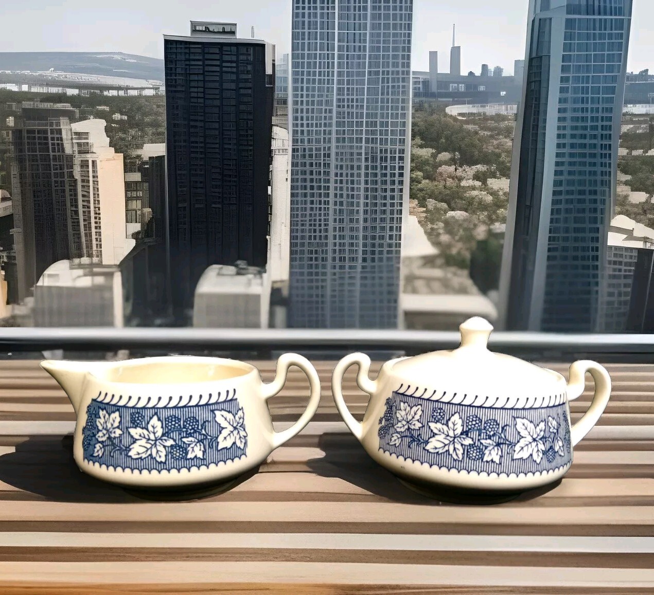 Vintage Creamer & Sugar Blue and Cream Black Berries Print