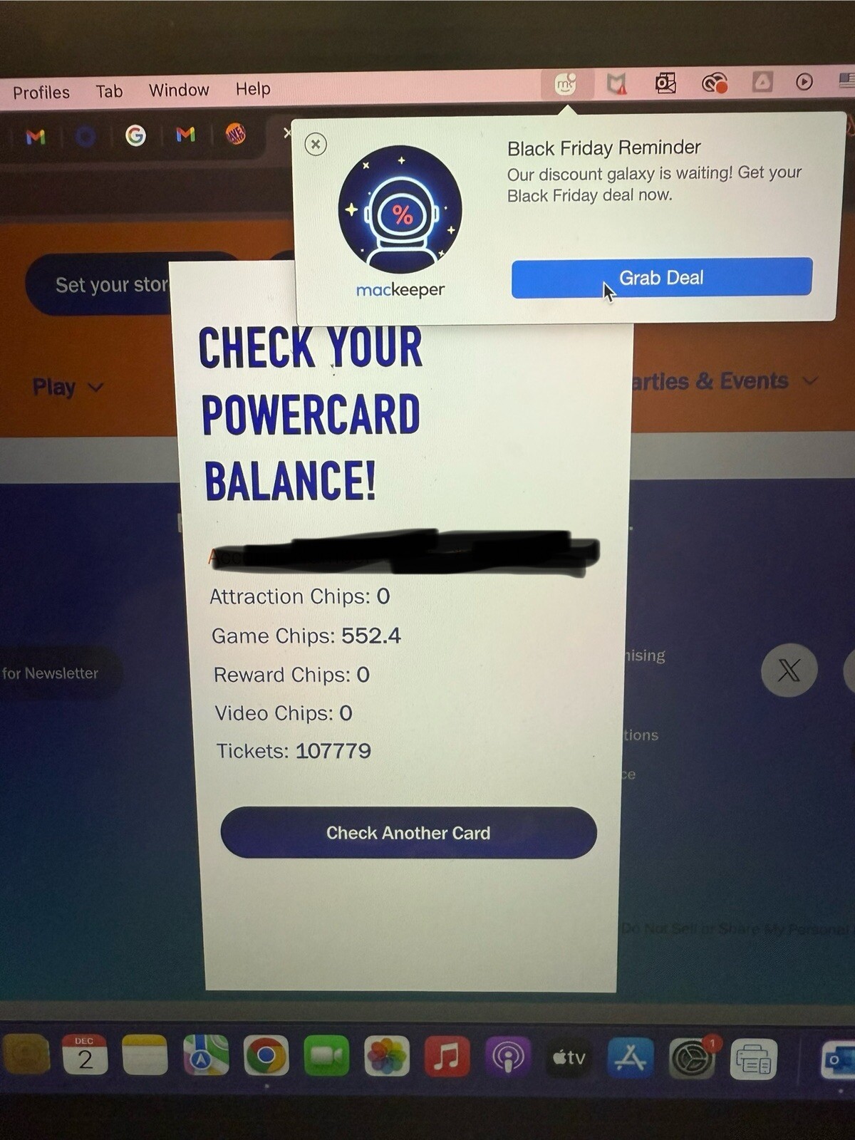 Dave & Buster’s Power Card 107,779 Tickets, 552 Game Chips