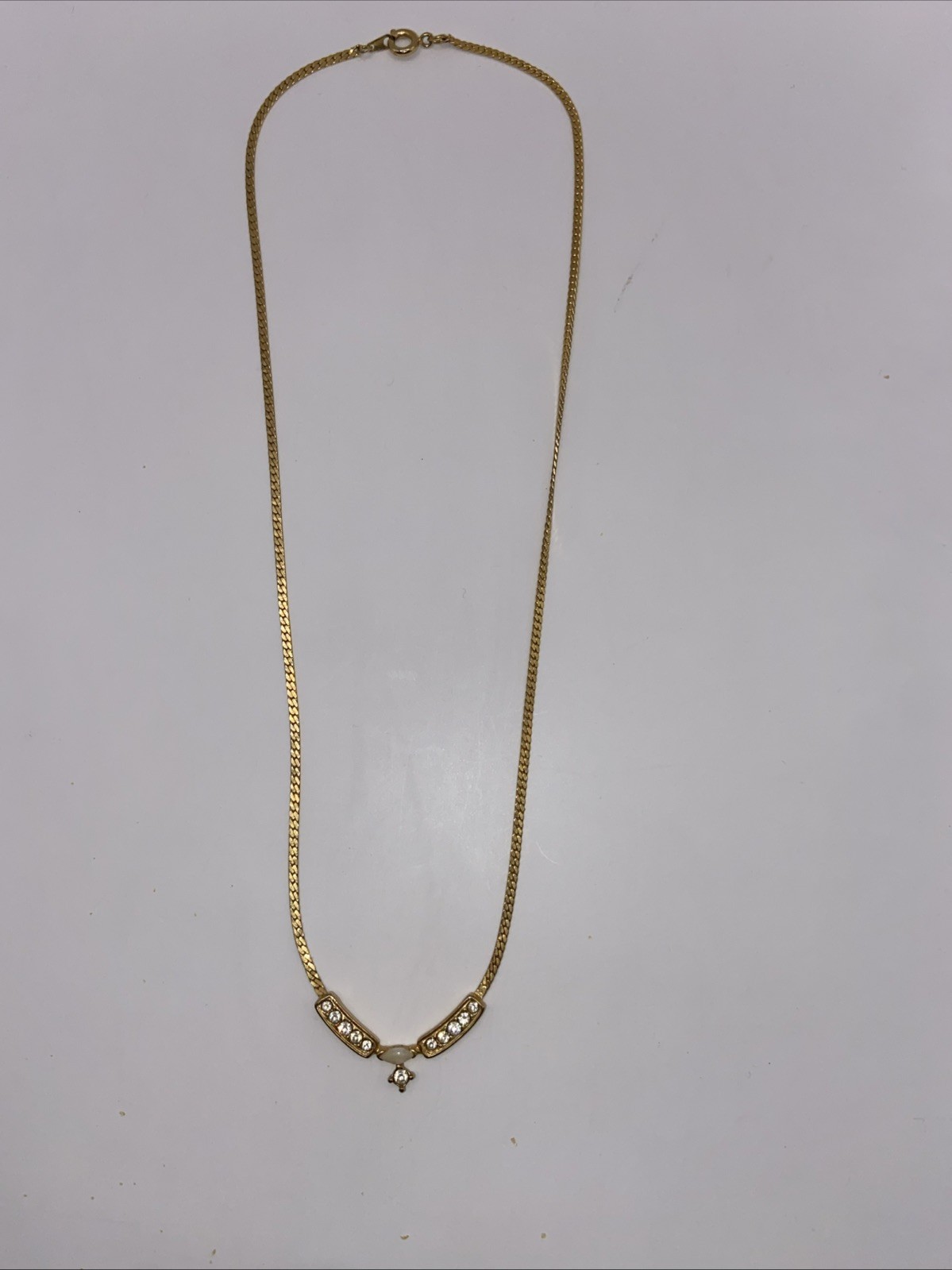 Vintage Collar Necklace Metallic Gold Chain 18" Rhinestone Crystal Opal 1983