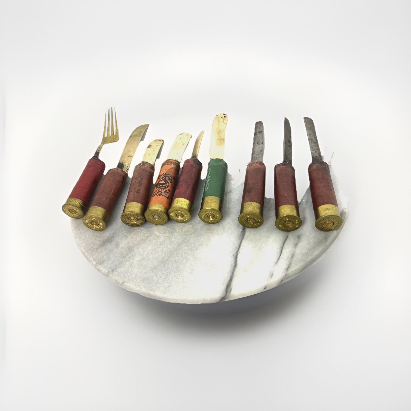 Vintage Handmade Folk Art Utensils Set Shotgun Shell Handle 9 Pcs Primitive