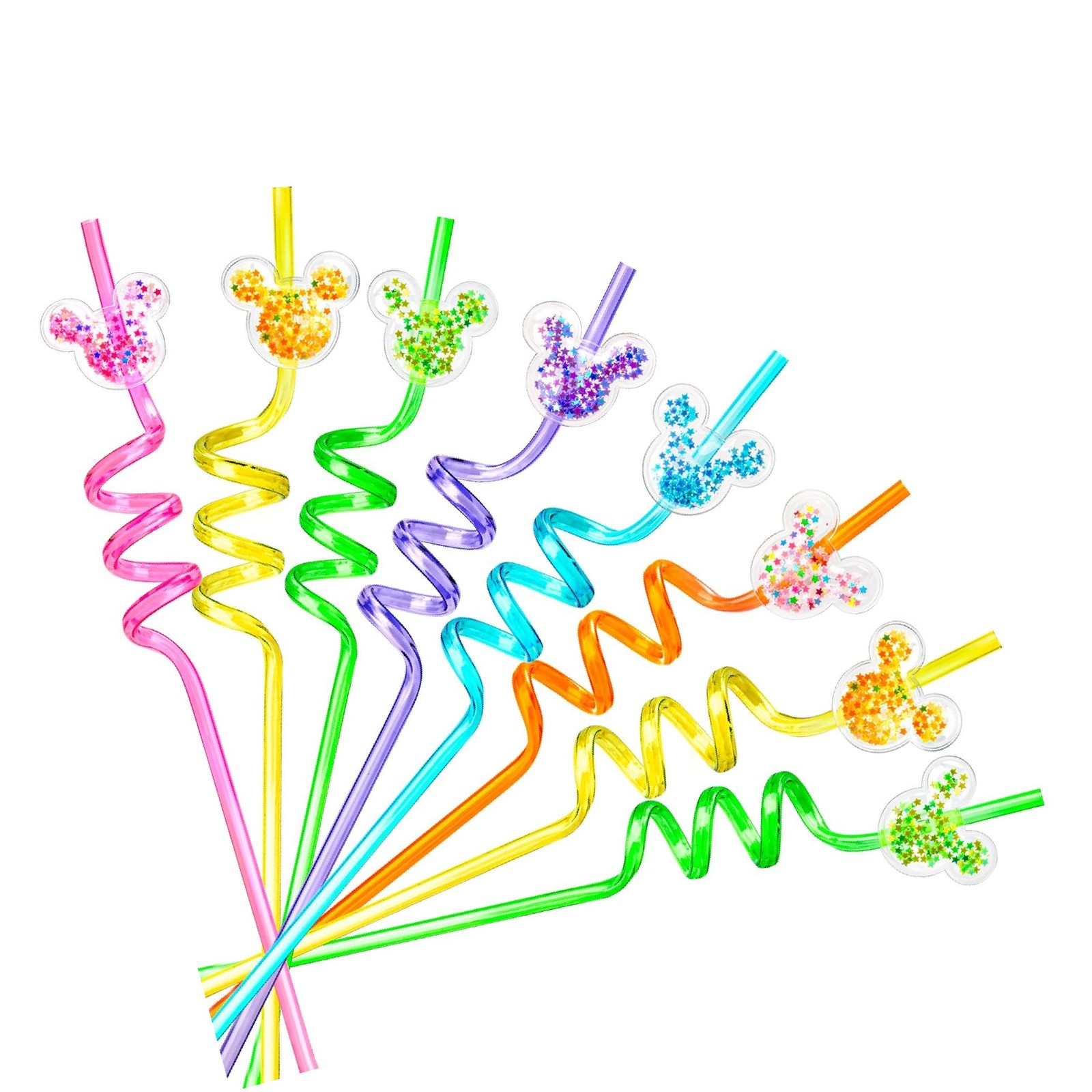 12 PCS Glitter Mouse Ear Straws, Reusable Spiral Crazy Straws with Cute Spark...