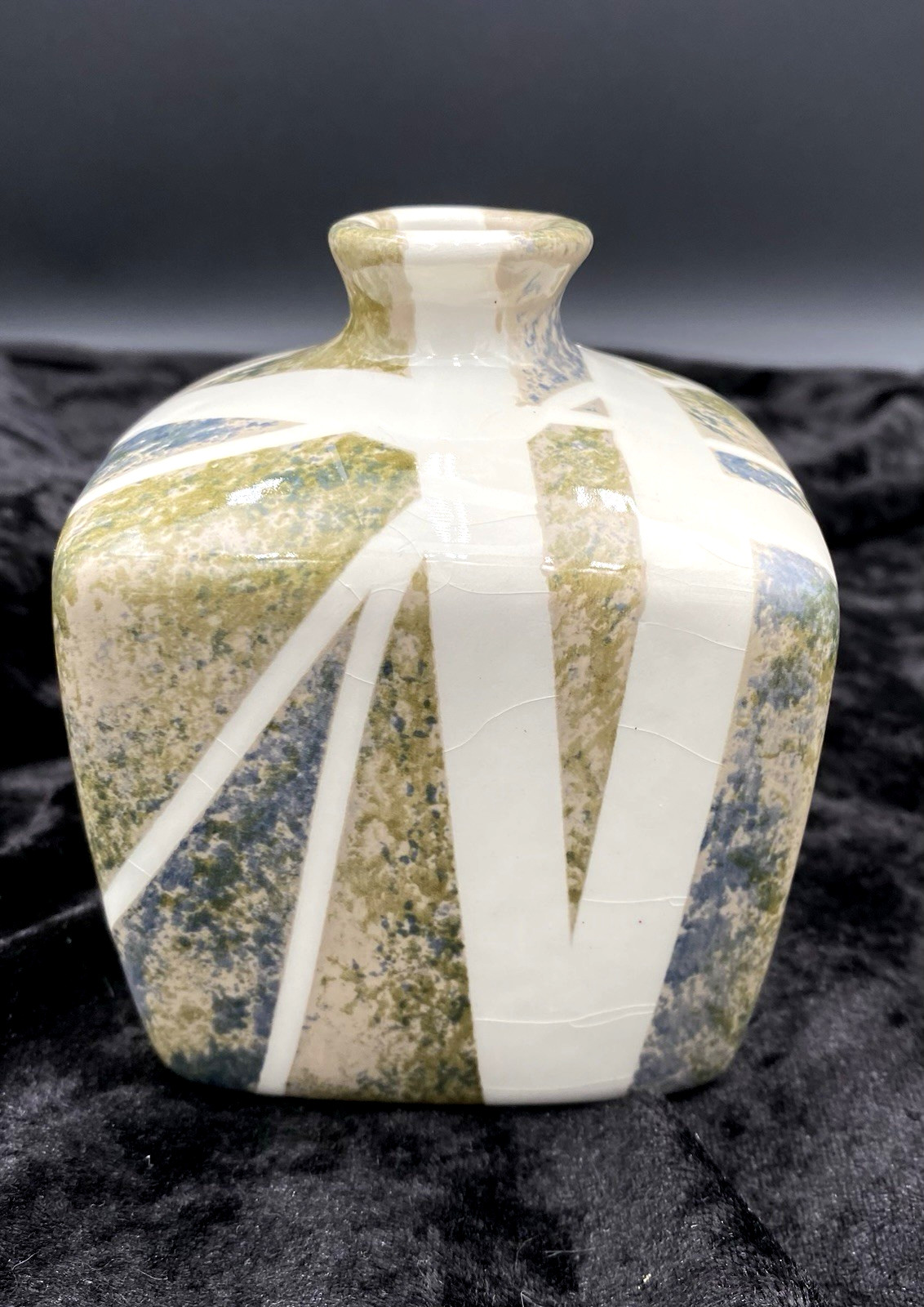 Signed Studio Pottery Ceramic 4.5" Cube Bud Vase, Grey/Green/Taupe/Cream