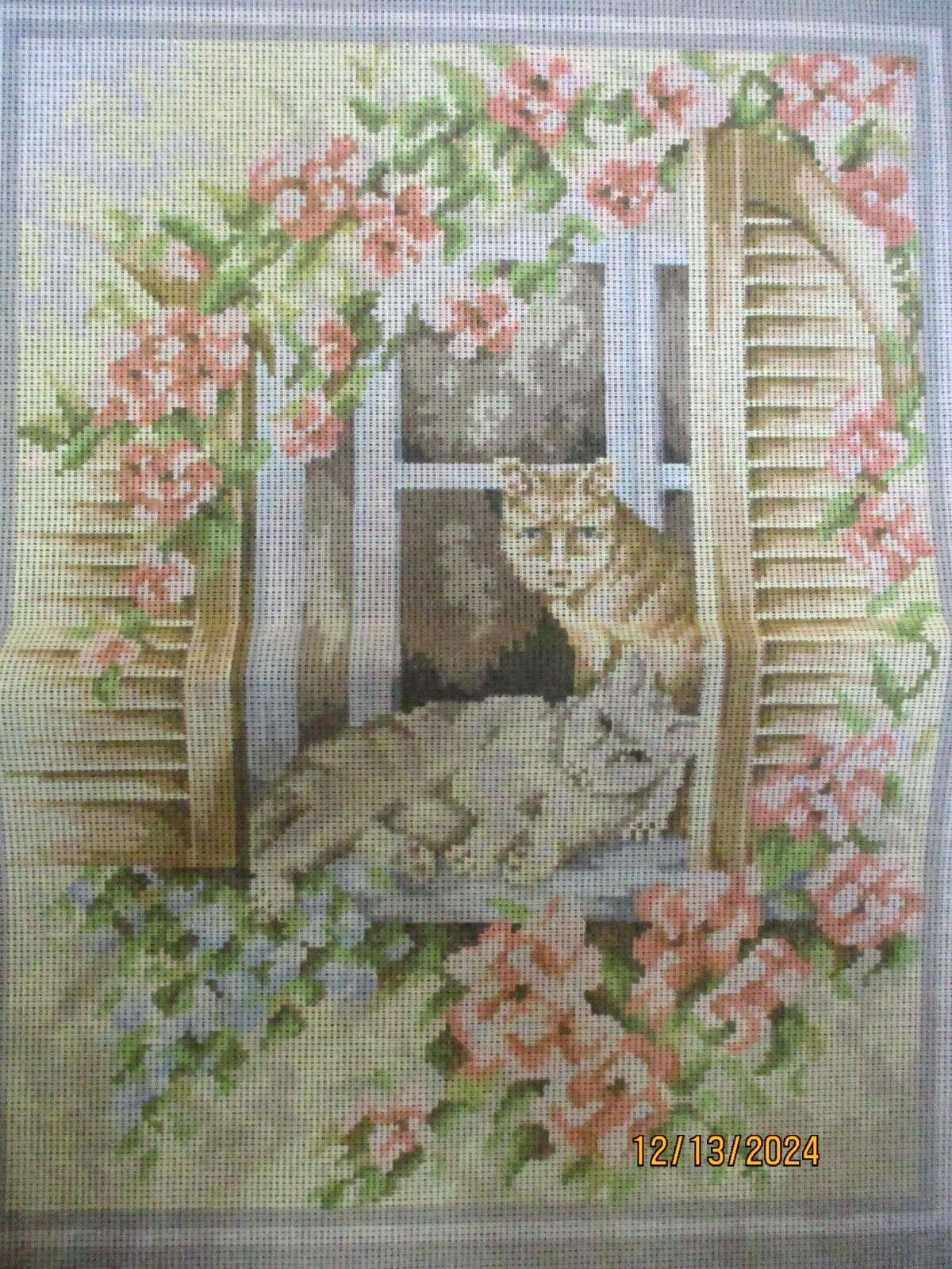 LANARTE CATS IN WINDOW FLOWERS CROSS STITCH NEEDLEPOINT CANVAS VINTAGE NEW