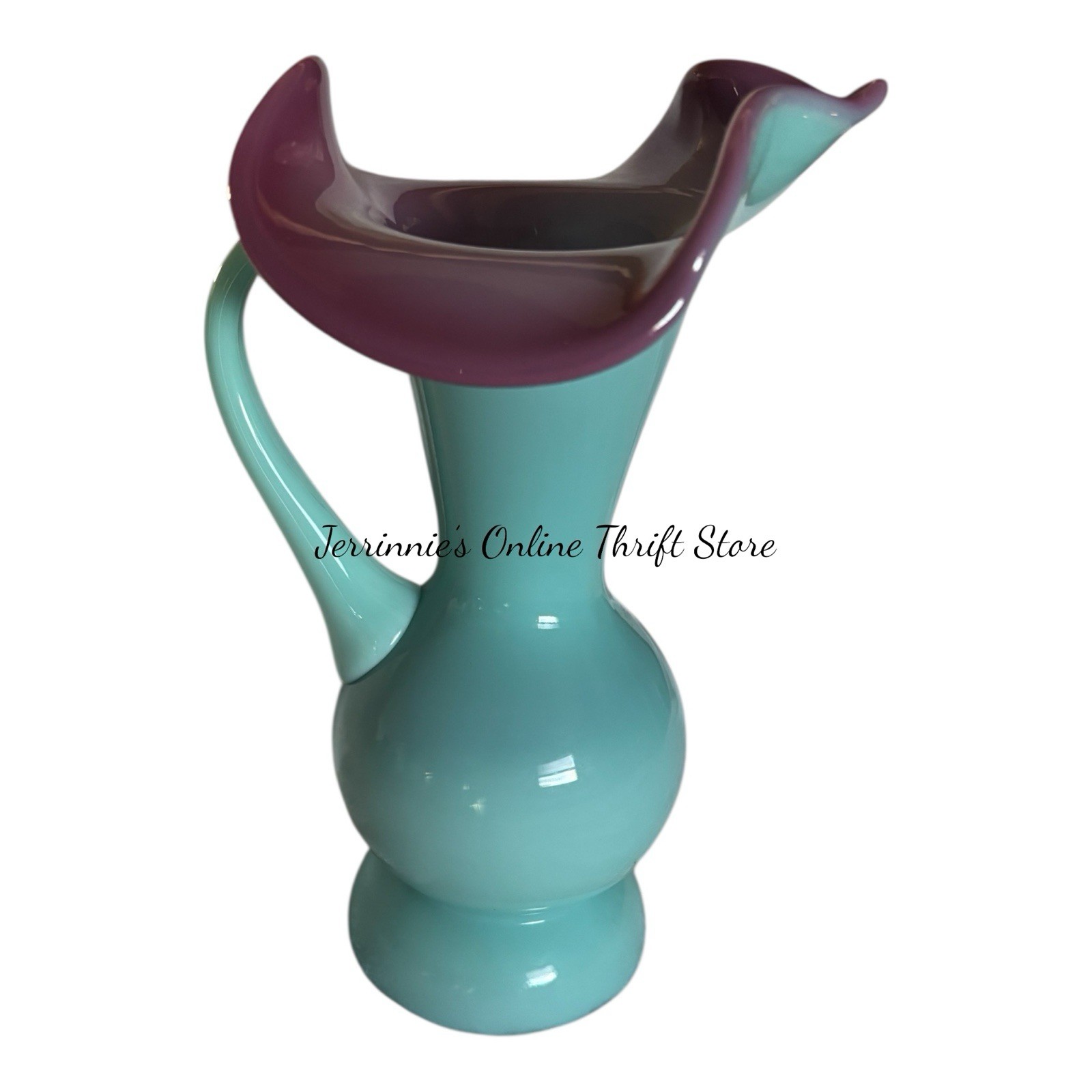 Fenton Cased Glass Pitcher With Turquoise Body And Pink Rim