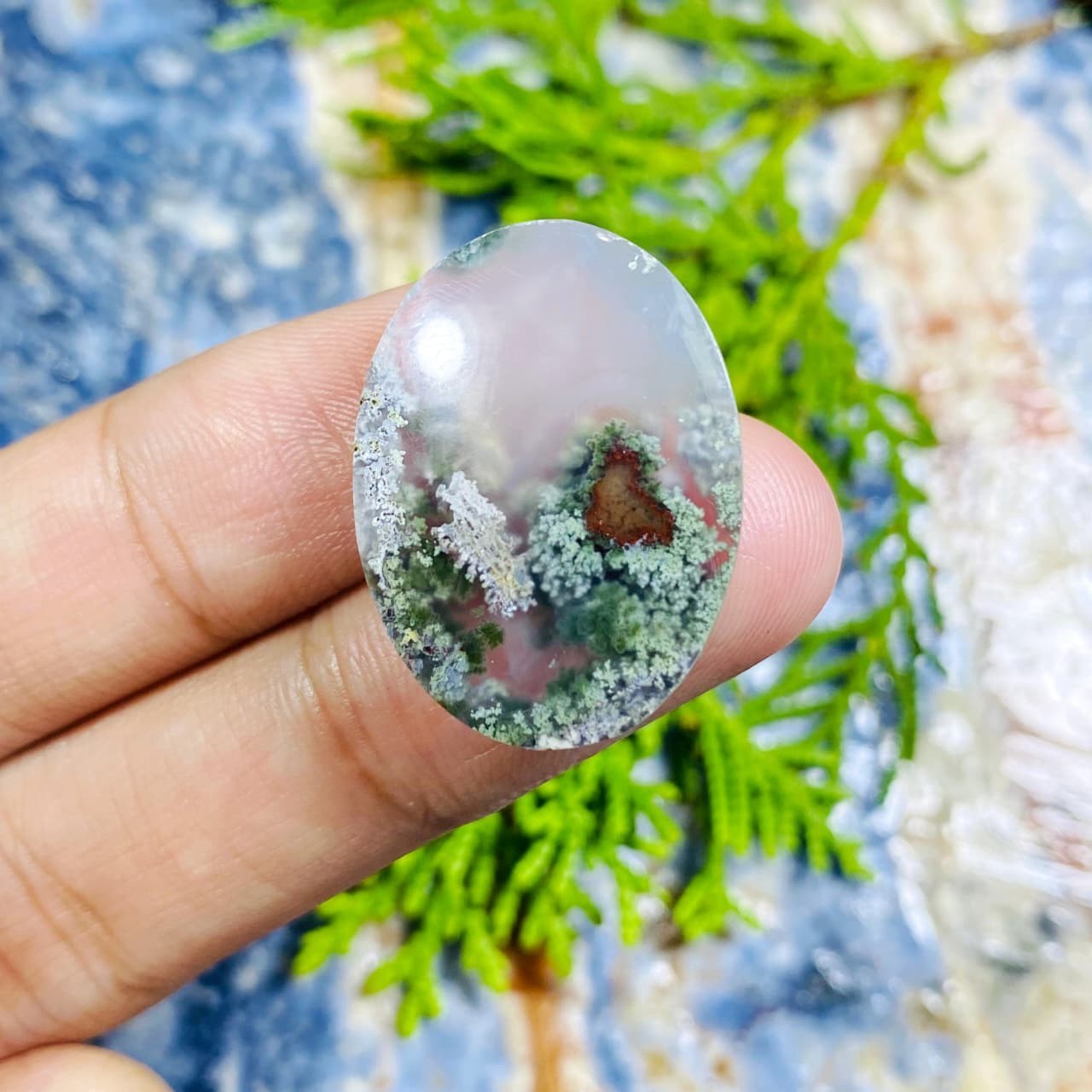 Small Natural Moss Agate Oval Cabochon Scenic Dendritic Pattern 26x19x5mm