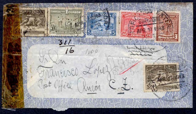 ECUADOR 1943 REG CENSORED to CANAL ZONE
