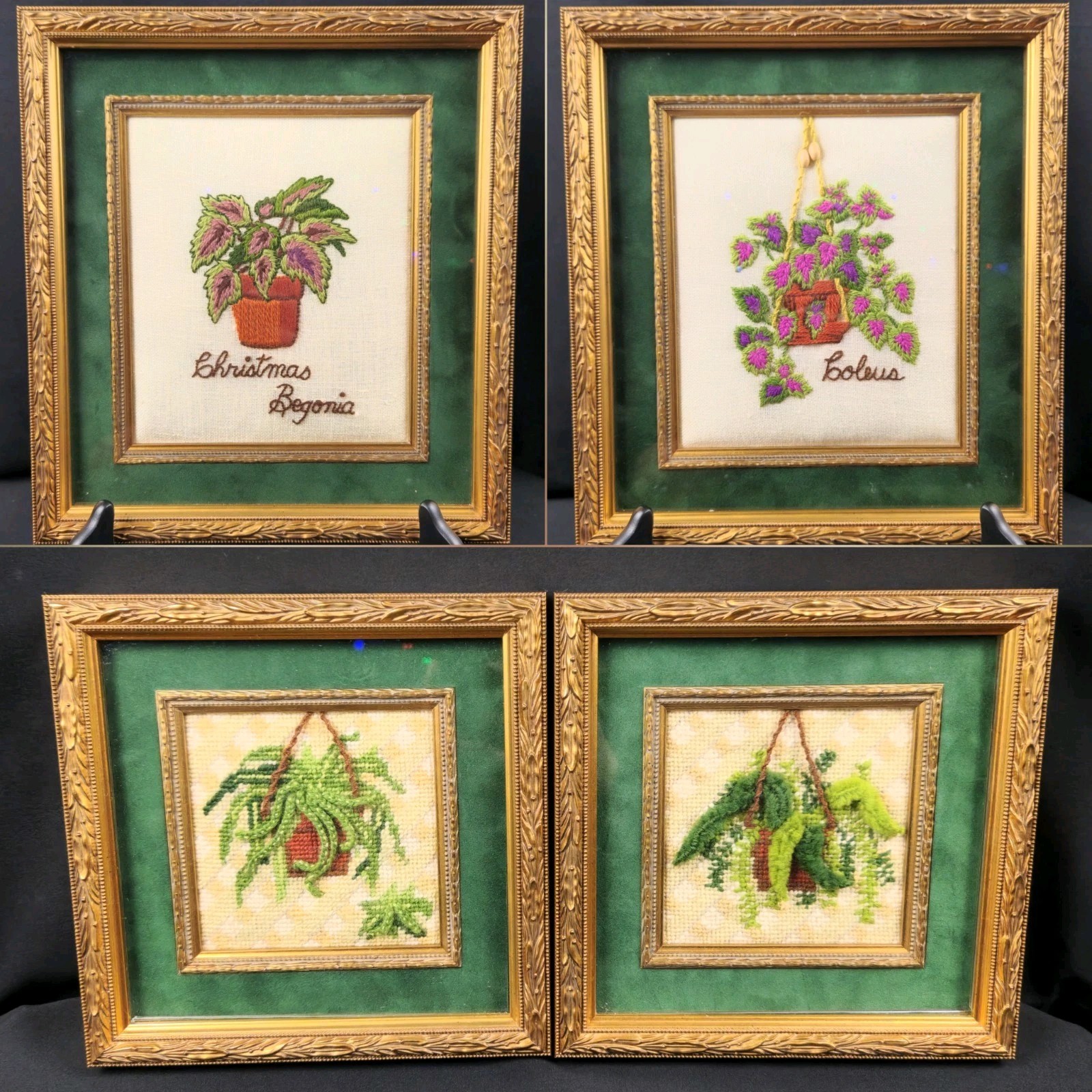 Botanical Art Needlepoint Set Of 4 Ornate Gold Tone Frames w/ Green Mat