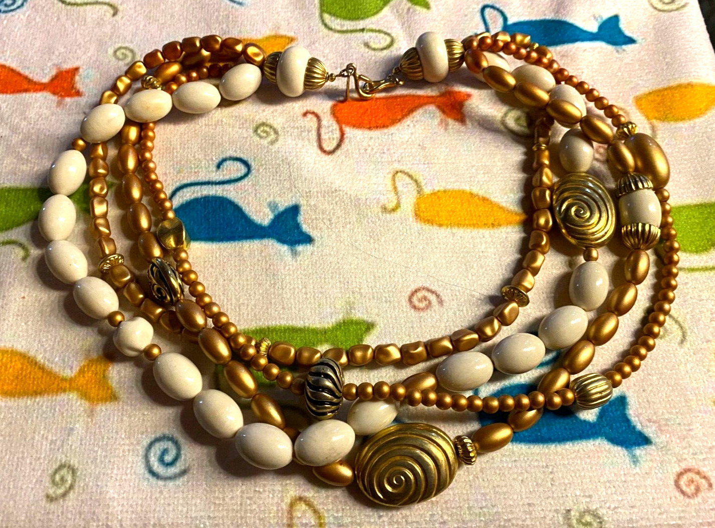 Four Strand Safi Kilima Cream & Gold Lucite Beaded Necklace Vintage 22"