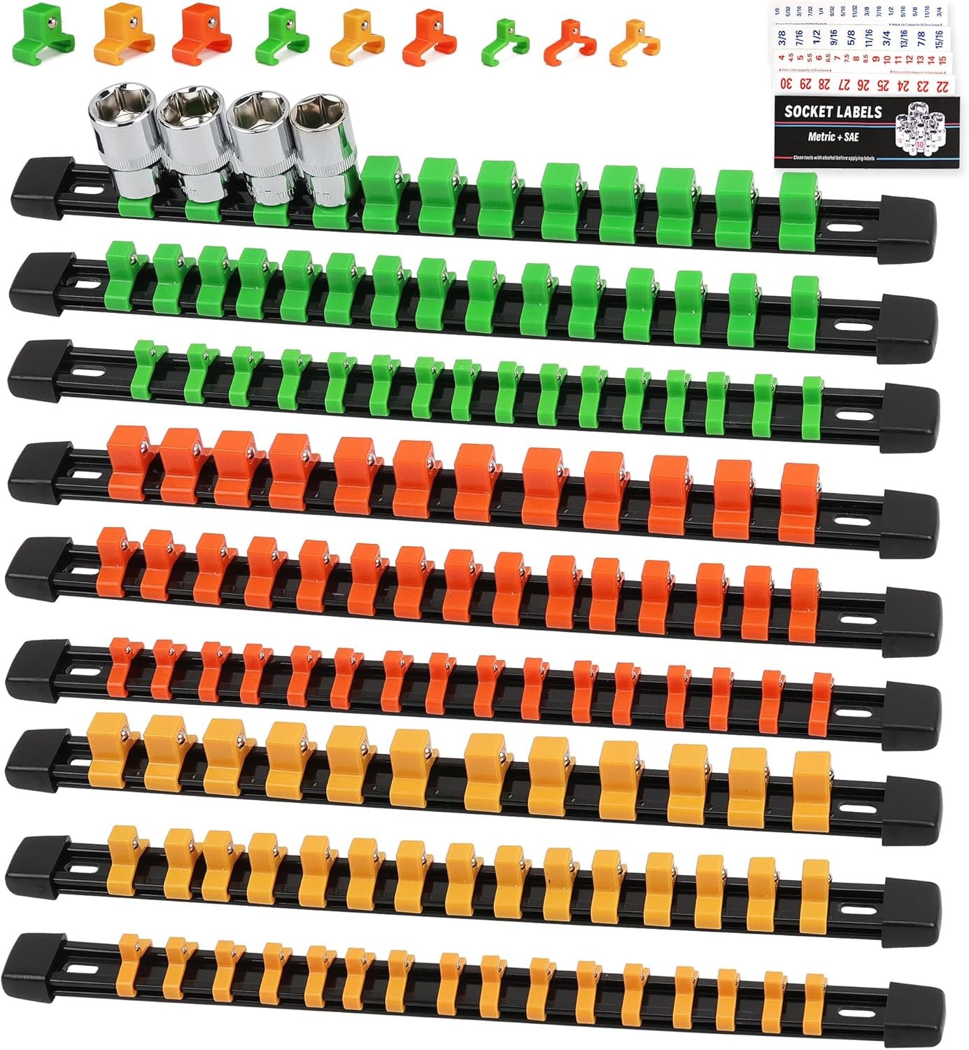 SWANLAKE Organizer Socket Holder 9PCS 1/4-Inch x 48 Clips 3/8-Inch x 45 Clips