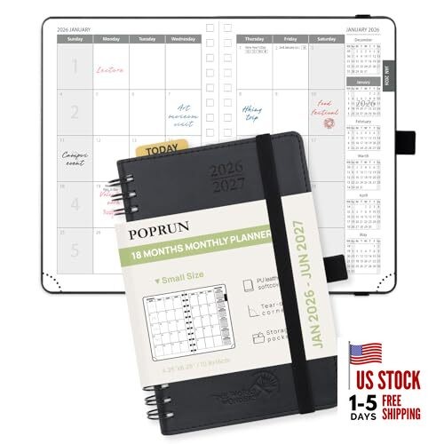  Monthly Planner Small - 4.25" x 6.25" Black Monthly Layout & Jan.2026-Jun.2027