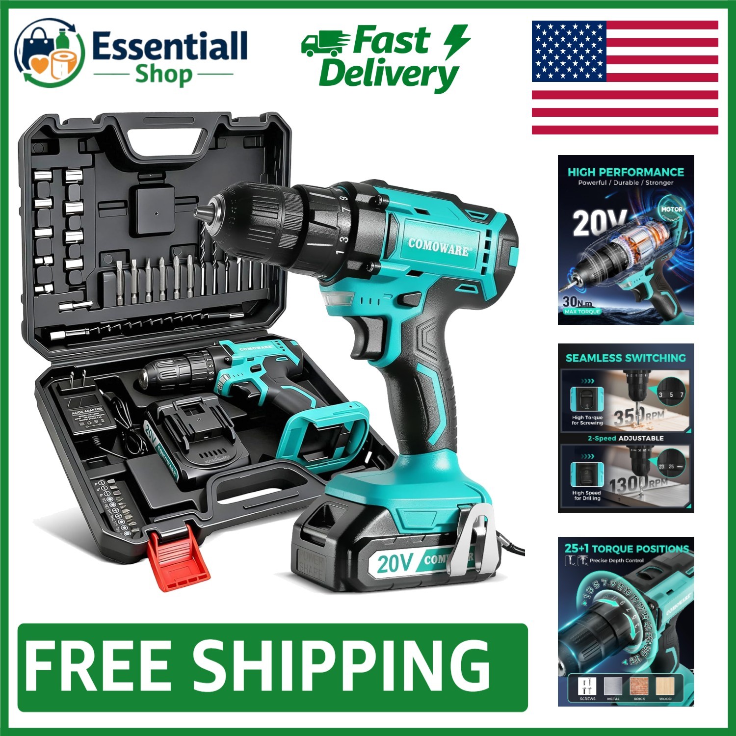 Powerful 20V Cordless Drill with Keyless Chuck & LED Light for Precision Work