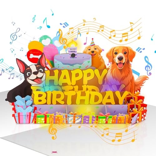 Dog Birthday Cards Pop Up 3D Cake - Music & Blow Out Candle Light, Dog Lover 