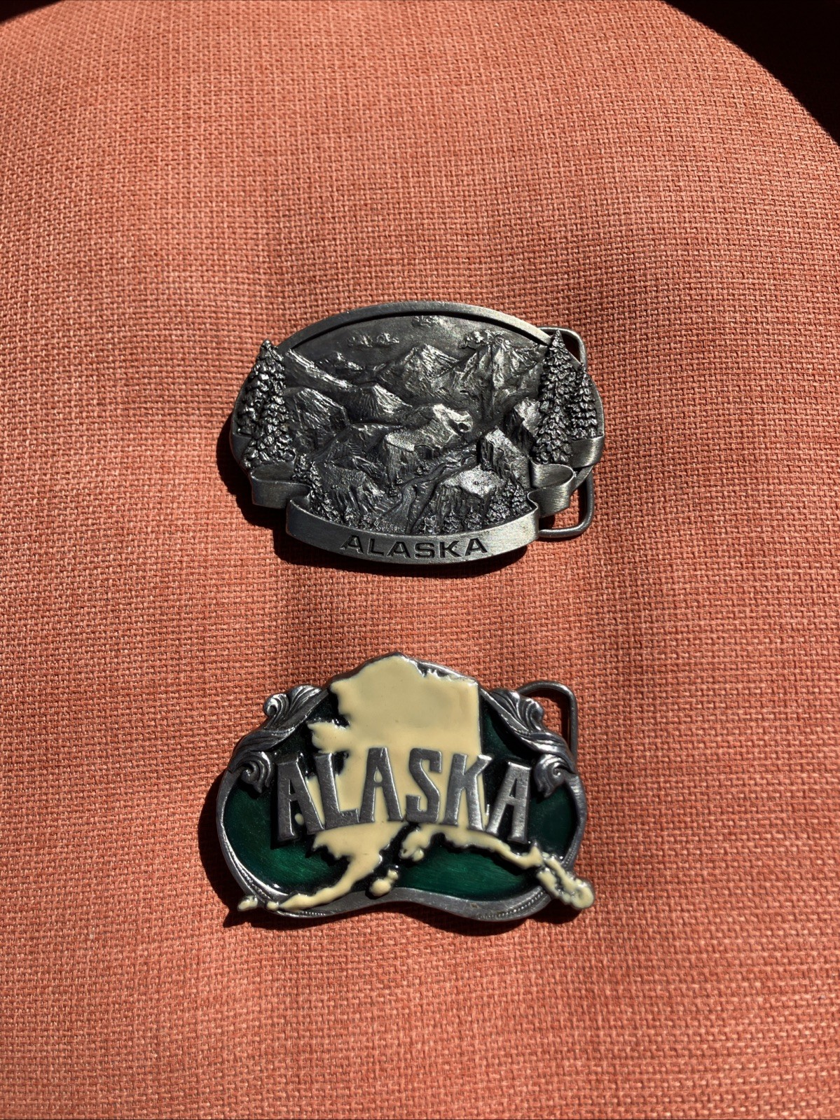 Lot of 2 VTG Alaska Belt Buckles Brass & Pewter USA 