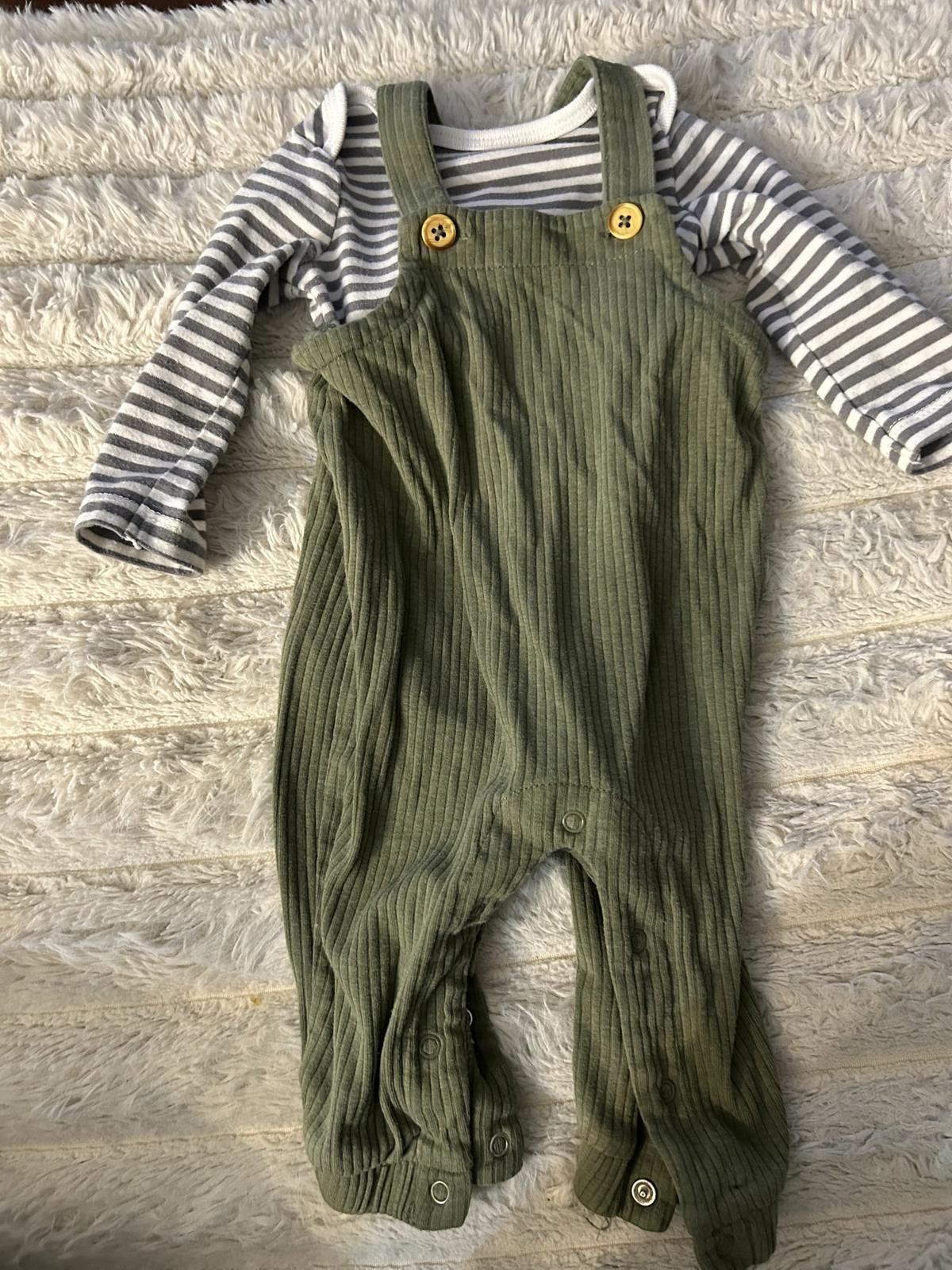 Baby Green Ribbed Overalls with Striped Long Sleeve Shirt