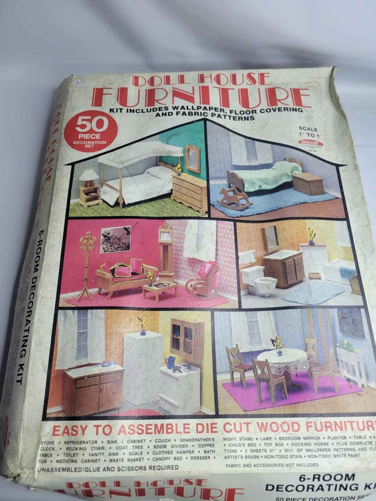 VINTAGE 1978 SKILCRAFT 6 ROOM DECORATING DOLL HOUSE FURNITURE KIT #690 OPEN BOX