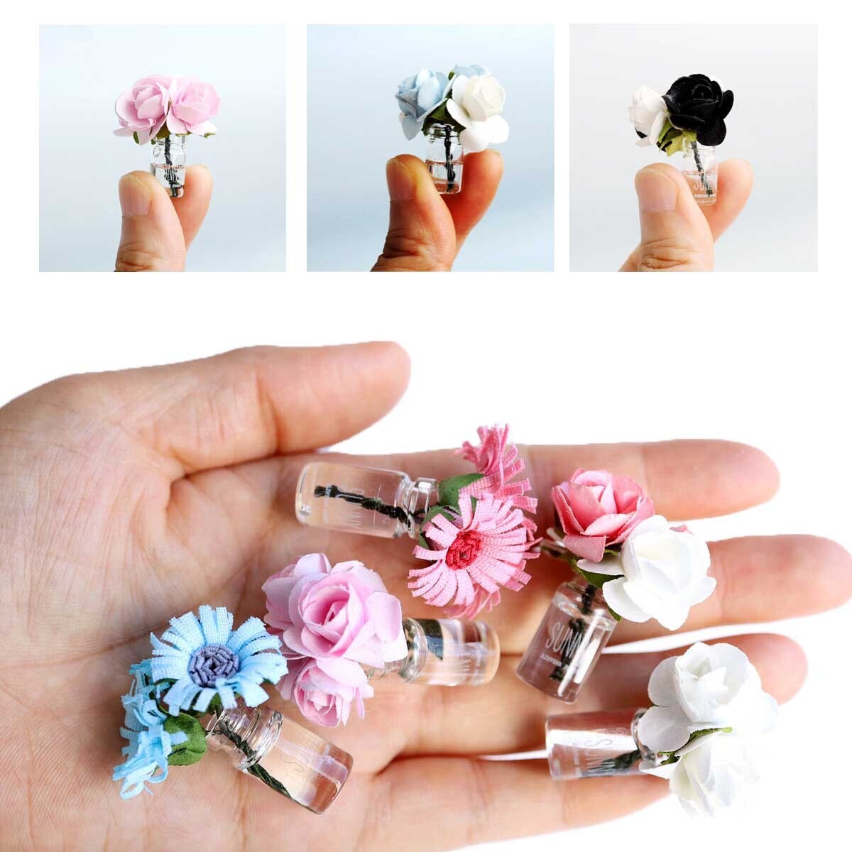 4PC Dollhouse Miniature Flowers Plants Glass Vase 1:12 Scale Decor Accessories