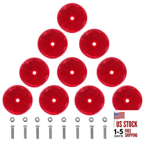 10 Pack Red Screw on Round Reflectors for Mailbox, Motobikes, Screw Type - Red