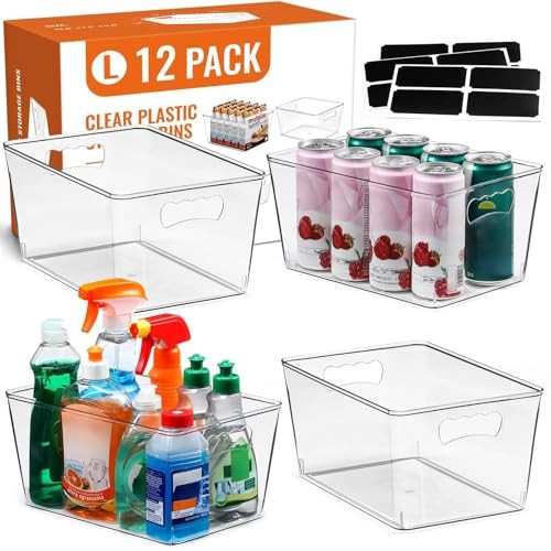 12 PACK LARGE Clear Storage Bins with Handles & Labels, Multiuse Plastic 
