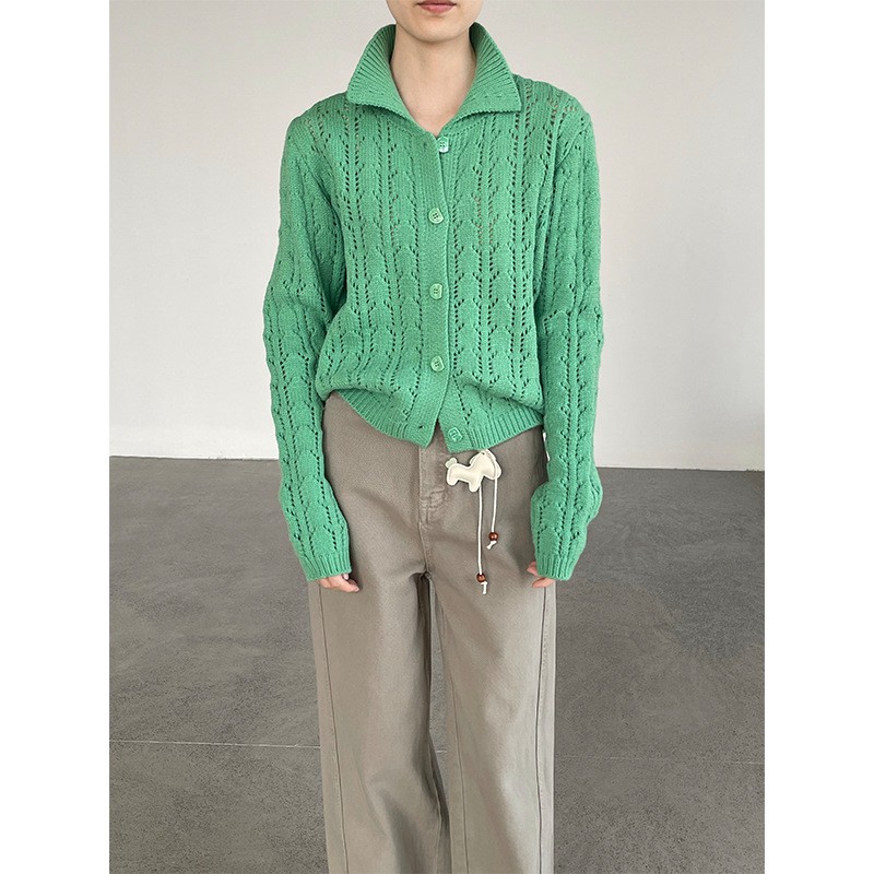 Korean Womens Loose Slimming Fit Knit Cardigan Openwork Lapel Collar Knit Jacket