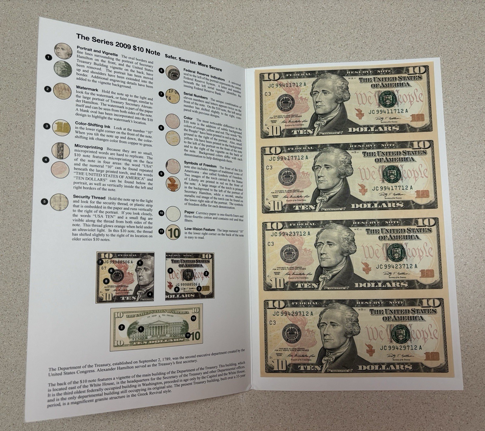 Series 2009 $10 Four-Note Uncut Currency Sheet W/ BEP Folder