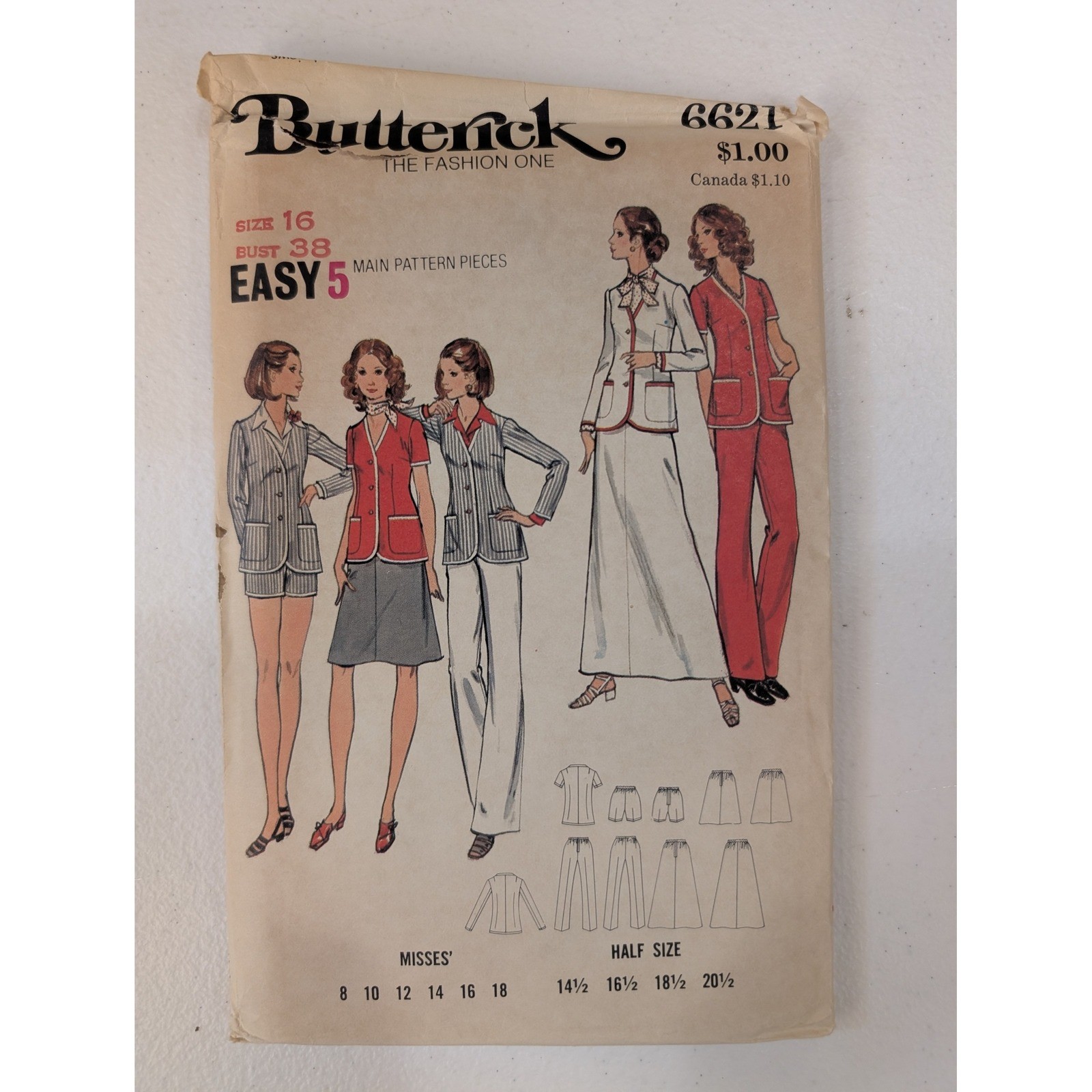 Butterick 6621 VTG Sewing Pattern Misses Jacket Skirt Pants Shorts Size 16 Uncut
